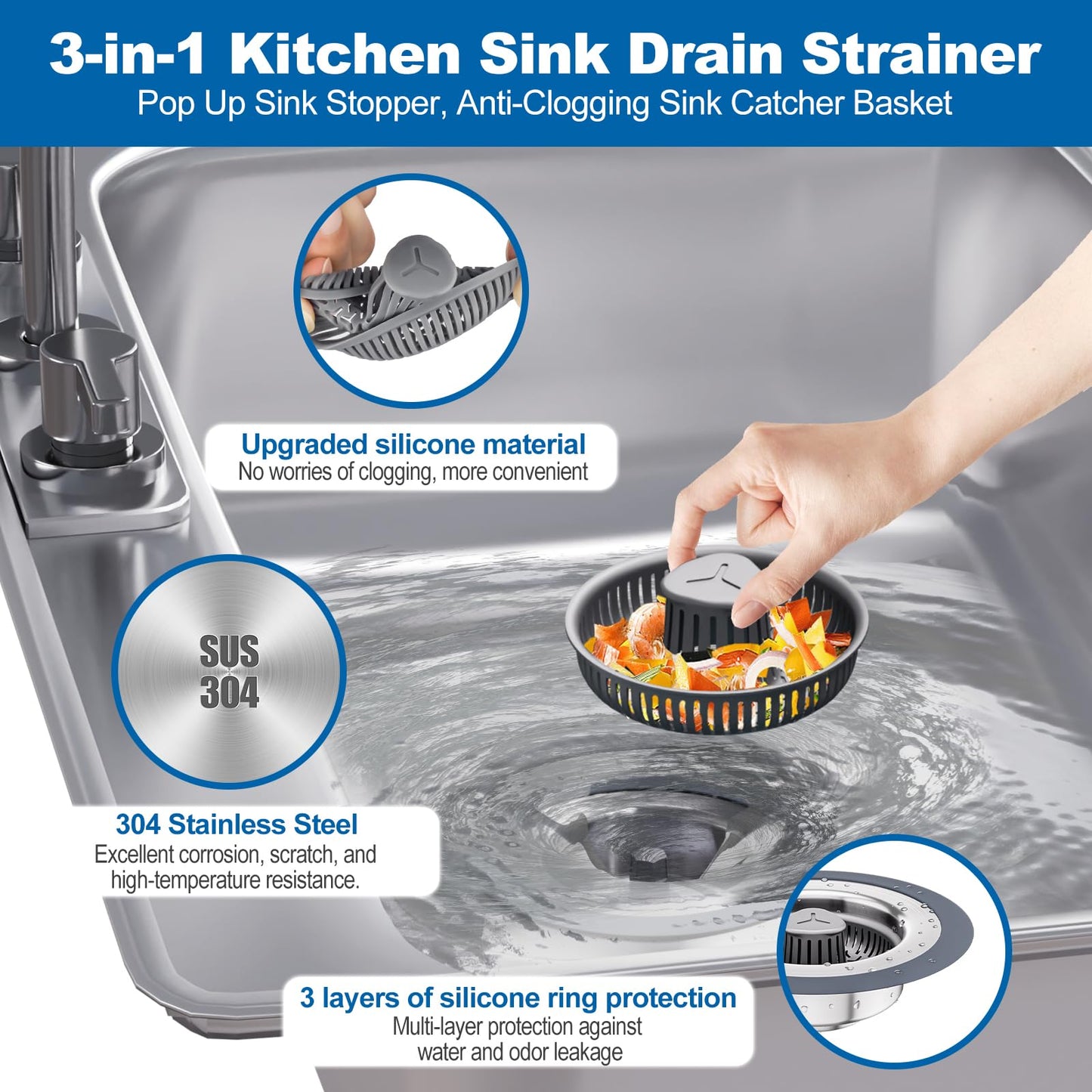 Auspok 3 in 1 Universal Kitchen Sink Drain Strainer Stopper–304 Stainless Steel & Silicone Anti-Clog Basket,3-Layer Leak-Proof Ring for 3.5”US Standard Drains,Easy-Clean,Odor Isolation,No Installation