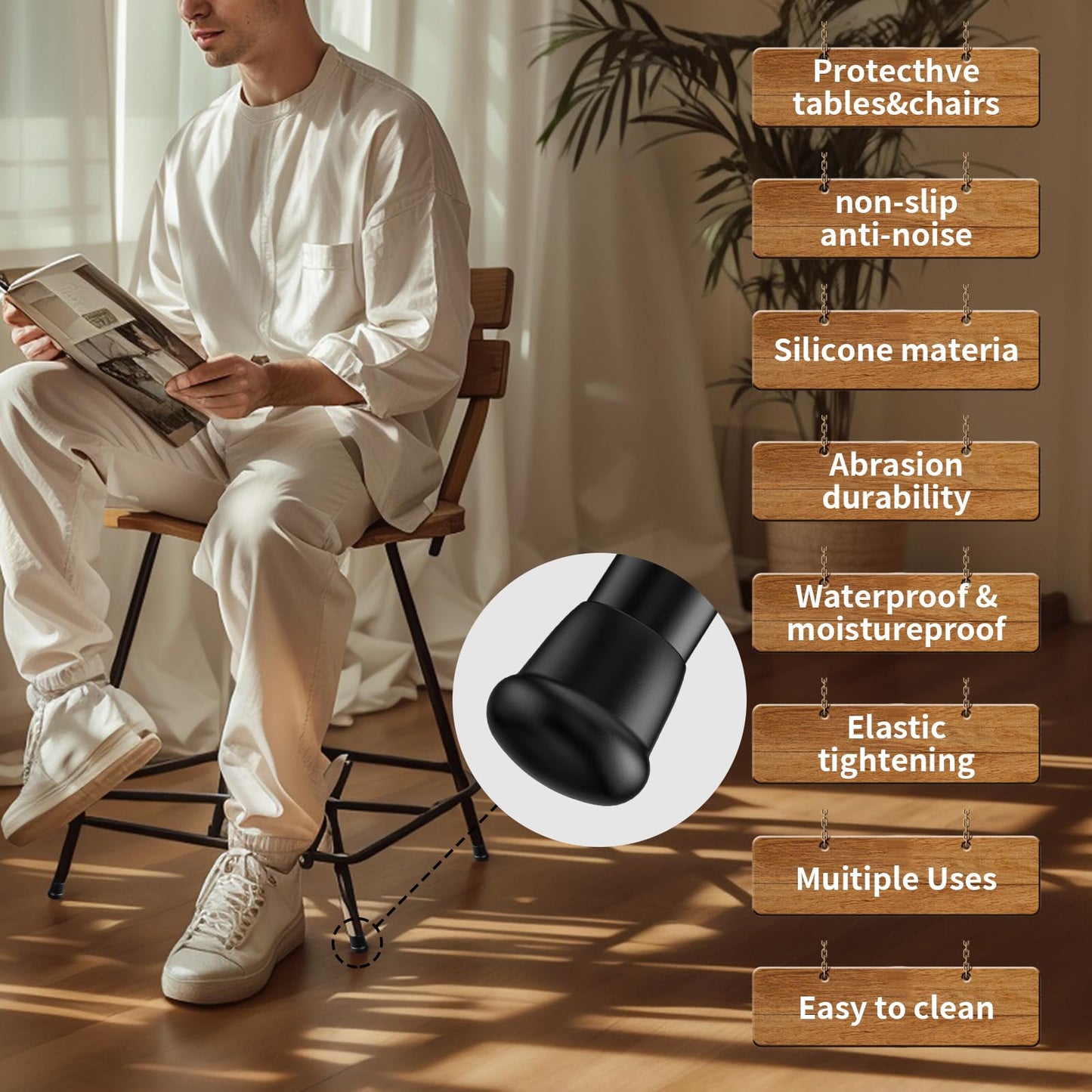 0.75 Inch Heavy Duty Rubber Chair Leg Caps - 8 PCS Non-Slip Furniture Floor Protectors with Metal Inserts for Wood, Tile, Carpet - Fits Chairs,Stools,Bar Stools