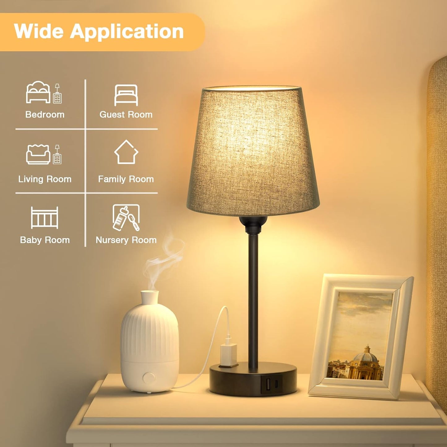 Set of 2 Mini Bedside Lamps with USB-C & AC Outlet - Dimmable Touch Nightstand Lights for Bedrooms