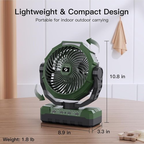 FRIZCOL 3-in-1 Camping Fan - Rechargeable Portable Fan with 24000mAh Battery, Light & Remote - Green