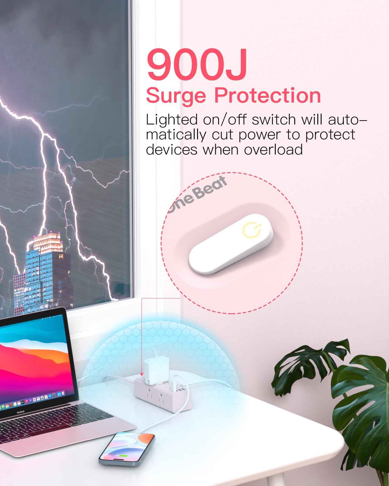 5Ft Extension Cord with Multiple Outlets, Flat Plug Power Strip Surge Protector with 5 Ft Long Cord, 6 Outlet 3 USB Ports (1 USB C), Multi Outlet Wall Plug for Travel, Dorm Room Essentials-Pink