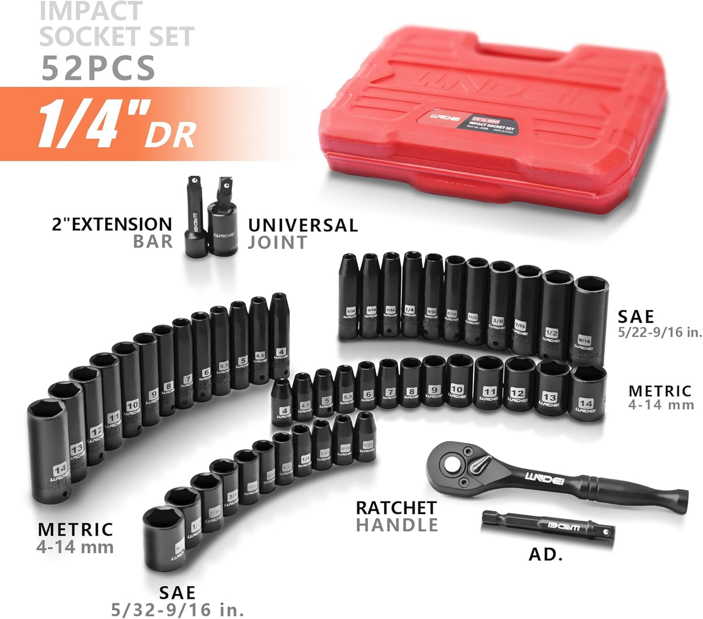 52-Piece Impact Socket Set with 72-Tooth Ratchet & Adapter - Metric & SAE Mechanic Tools for Automotive Repair