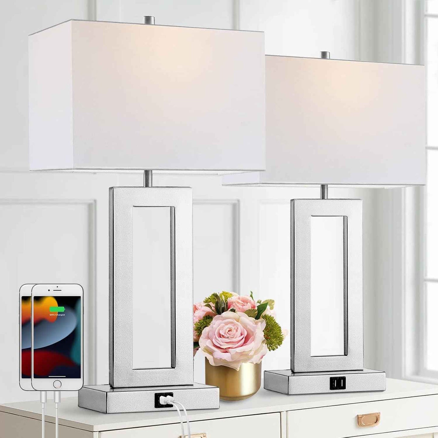 Gold Table Lamps Set of 2 - 3-Way Dimmable Touch Control with USB Ports, 22” Modern Design for Bedroom & Living Room