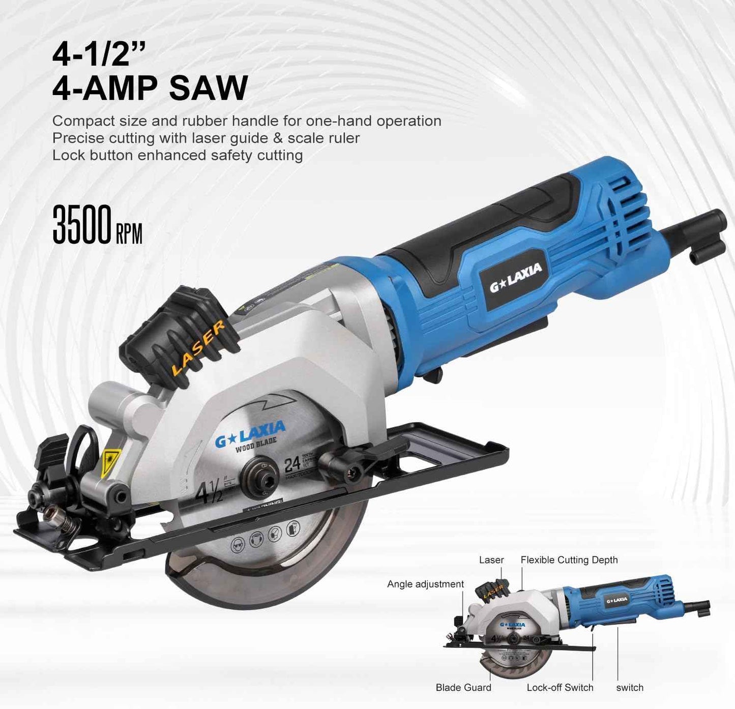 Compact Mini Circular Saw 4-1/2” with Laser Guide & 4.0A Battery - Ideal for Wood & Plastic Cuts