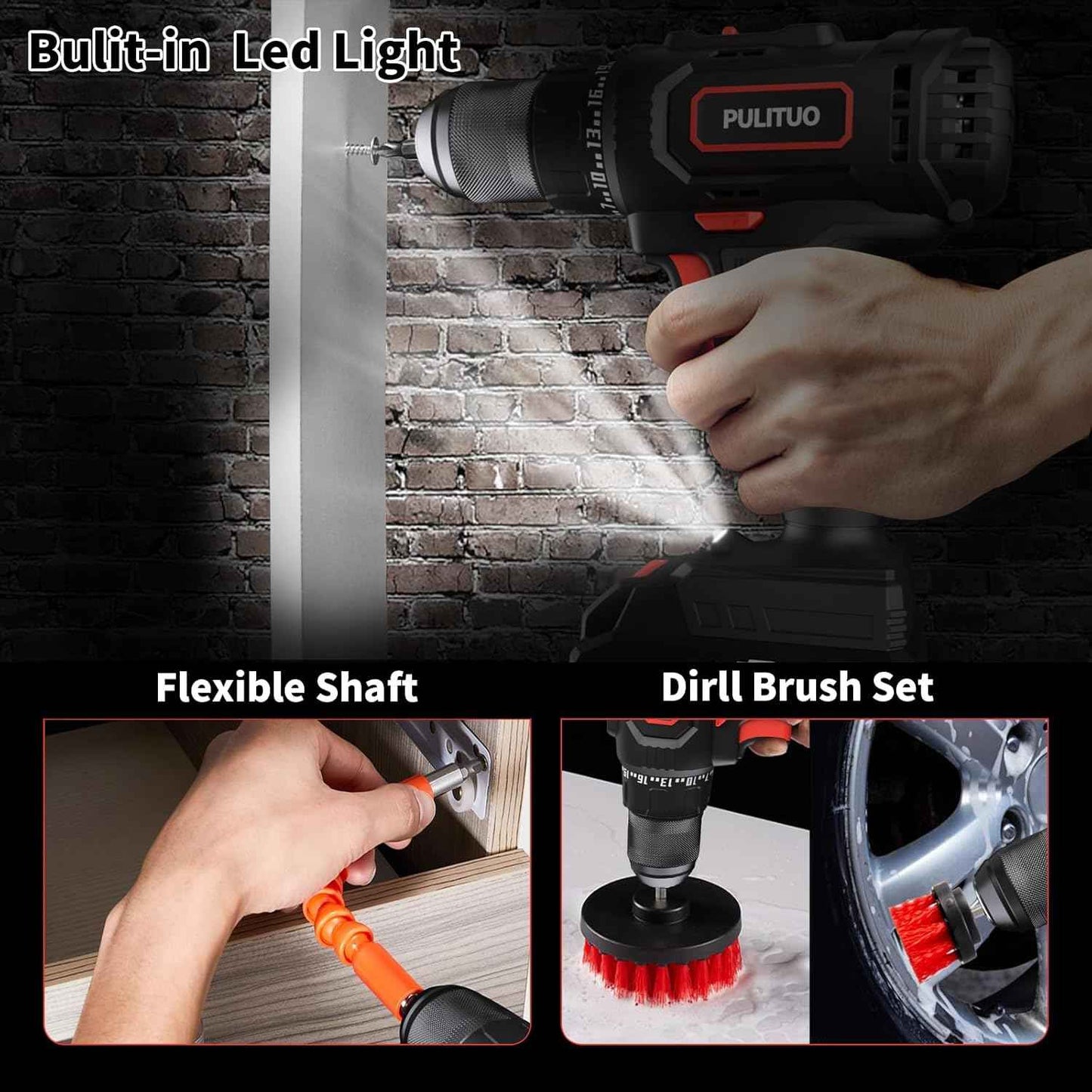 PULITUO'S 20V Cordless Drill/Driver, Electric Screwdriver - 2 Batteries, 30Nm, 21+1 Torque, 2 Speed, Keyless 3/8" Chase Drill with LED Light, Kit for Home (Green)