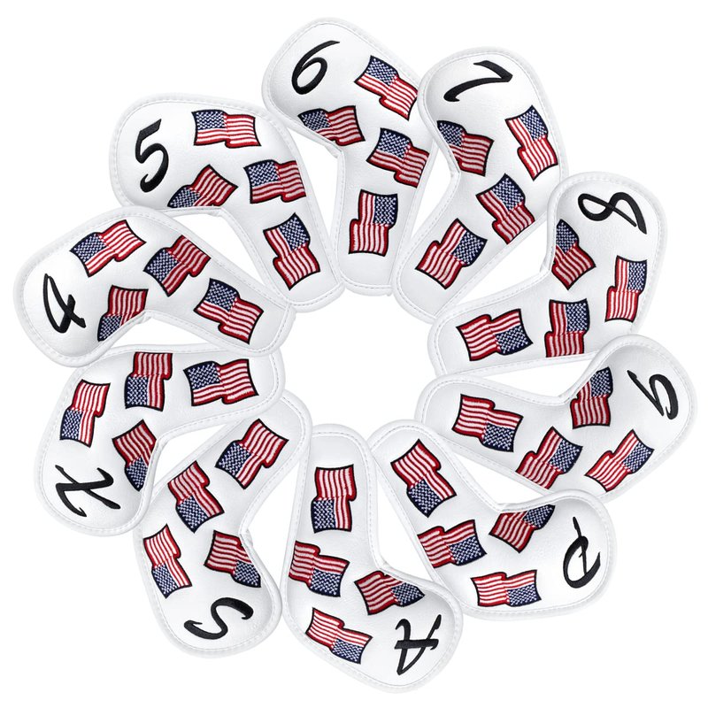 US Flag Golf Iron Covers Headcovers - 10pcs Patriotism Golf Club Covers for Irons - White Synthetic Leather Golf Iron Wedge Head Covers fits for PXG, Taylormade, Mizuno JPX MP, Etc.