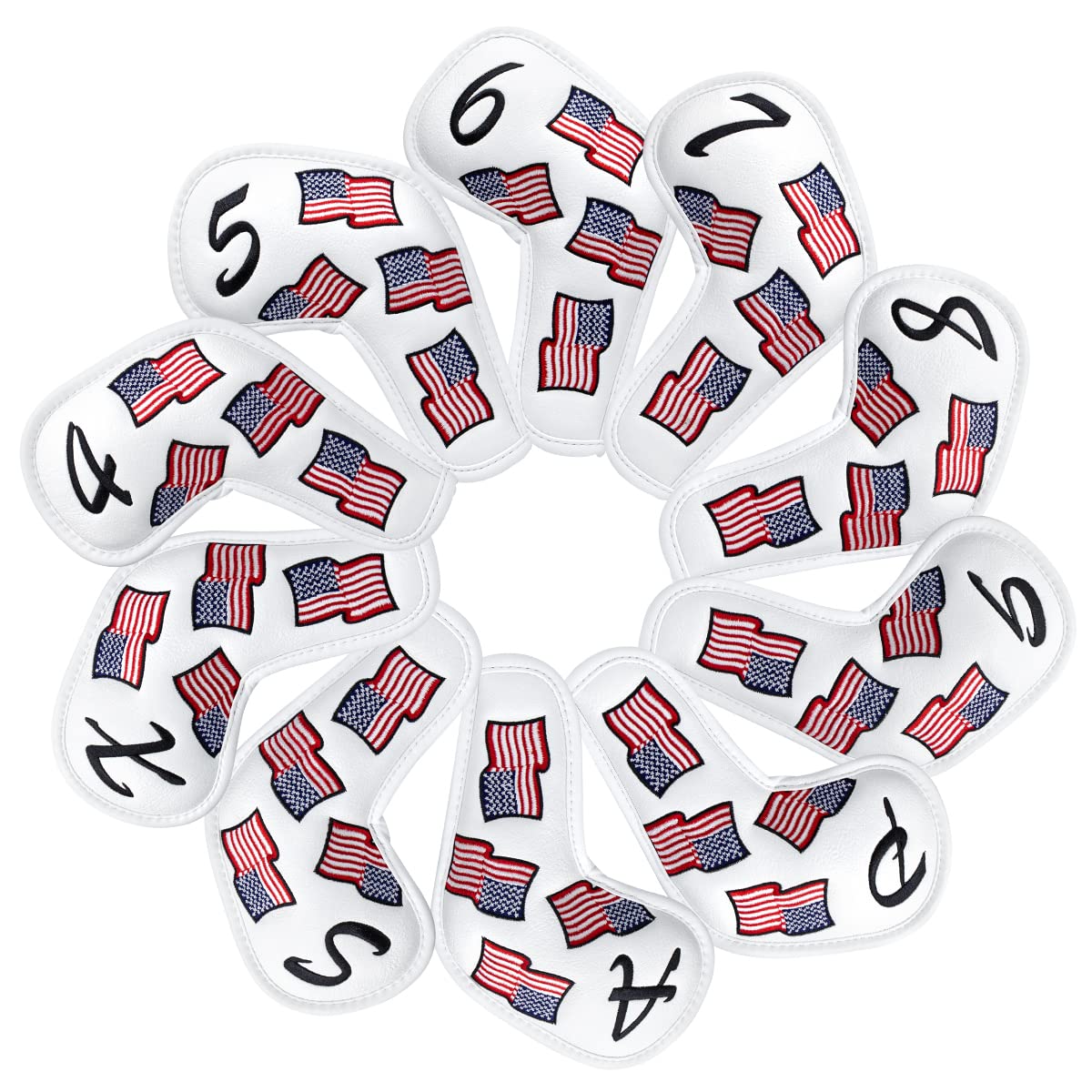 US Flag Golf Iron Covers Headcovers - 10pcs Patriotism Golf Club Covers for Irons - White Synthetic Leather Golf Iron Wedge Head Covers fits for PXG, Taylormade, Mizuno JPX MP, Etc.