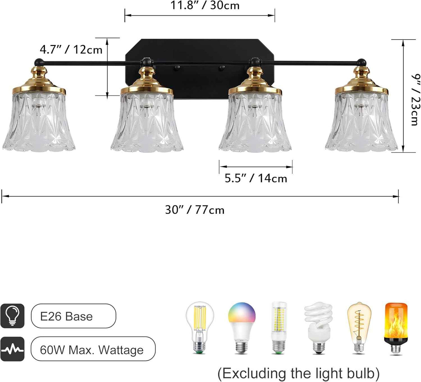 3-Light Vintage Bathroom Vanity Light Fixture - Black & Gold Antique Design with Crystal Glass Shade
