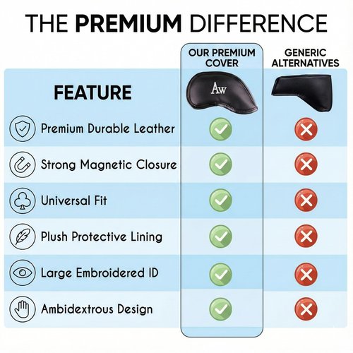 All Teed Up Premium Magnetic Leather Iron and Wedge Golf Club Head Covers | Set of 10 | Fits Most Clubs | Embroidered Club Label on Both Sides of Club Head Cover