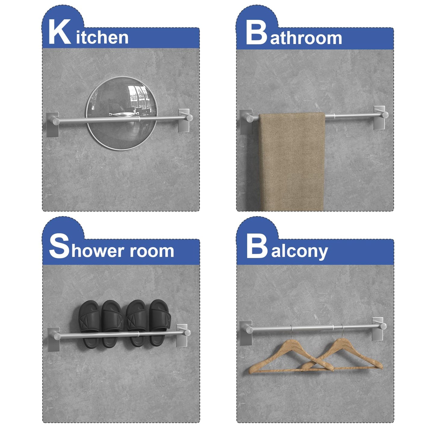 Adhesive Adjustable Towel Bar, HOMOTEK Economical Self Stick Bathroom Towel Holders, Towel Rod Size from 12 Inch to 22 Inch Single Rack Hanger for Kitchen(1 Pack Brushed Stainless Steel)