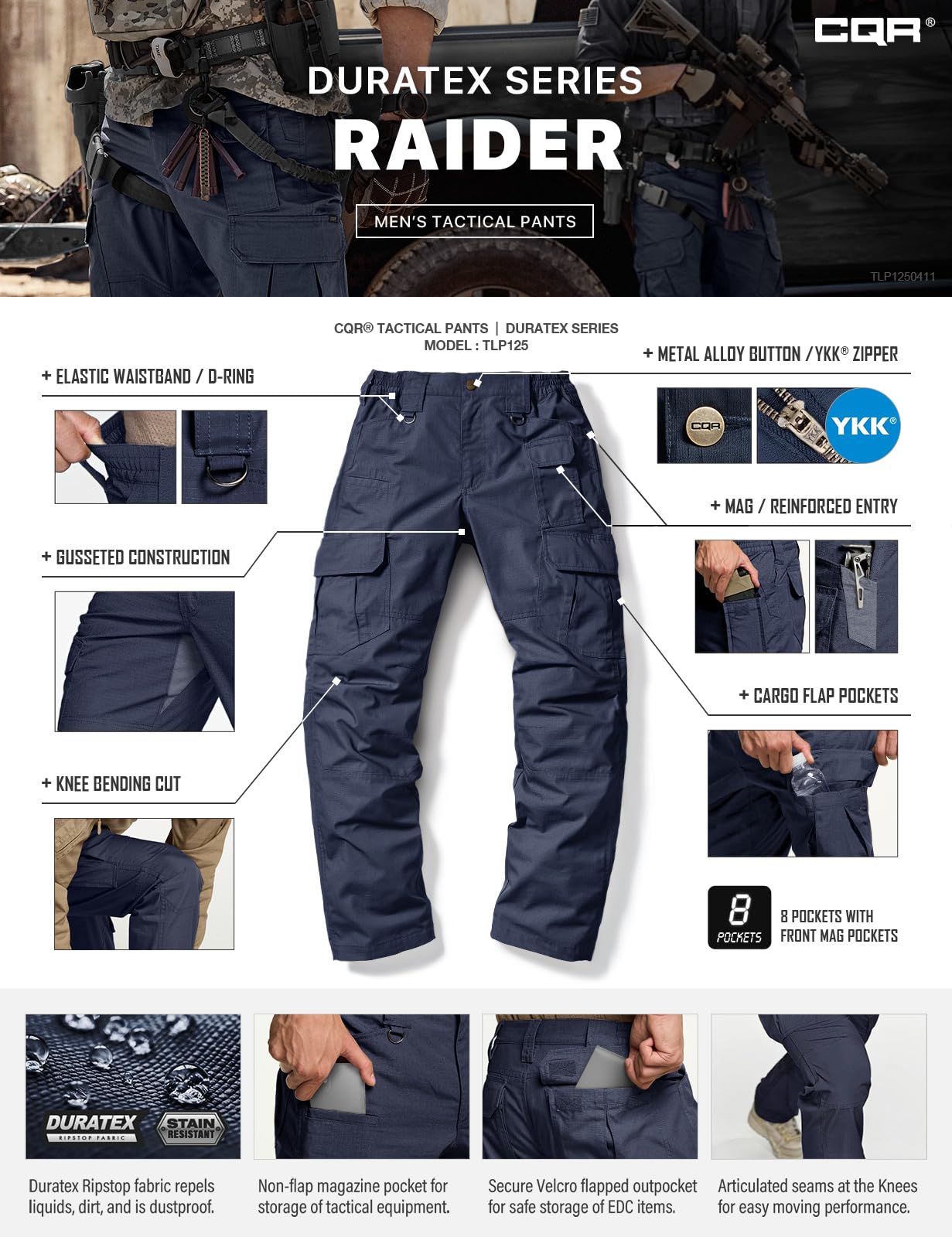 CQR Men's Tactical Pants, Water Resistant Ripstop Cargo Pants, Lightweight EDC Work Hiking Pants, Outdoor Apparel, Duratex Mag Pocket Police Navy, 42W x 30L