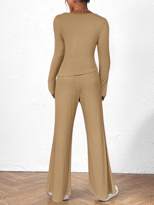 BeautyNee 2-Piece Matching Sweatsuit Set - Women's Casual Lounge Outfit with Wide Leg Pants & Crop Top in Khaki