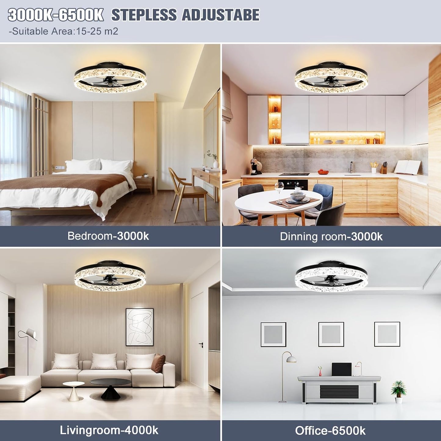 Modern Bladeless Ceiling Fan with Light & Remote - 15.7in Low Profile Fandelier, Dimmable 3000K-6500K for Bedroom