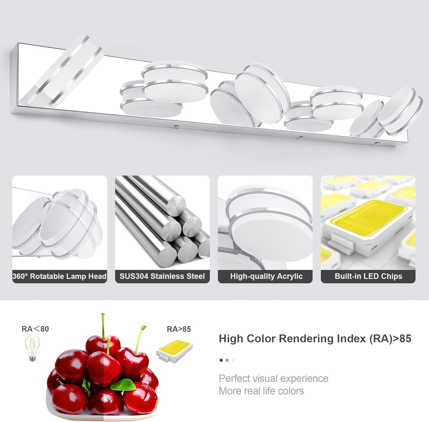 LED Chrome 3-Light Dimmable Bathroom Vanity Light Fixture - Modern Acrylic & Stainless Steel Over Mirror Lighting