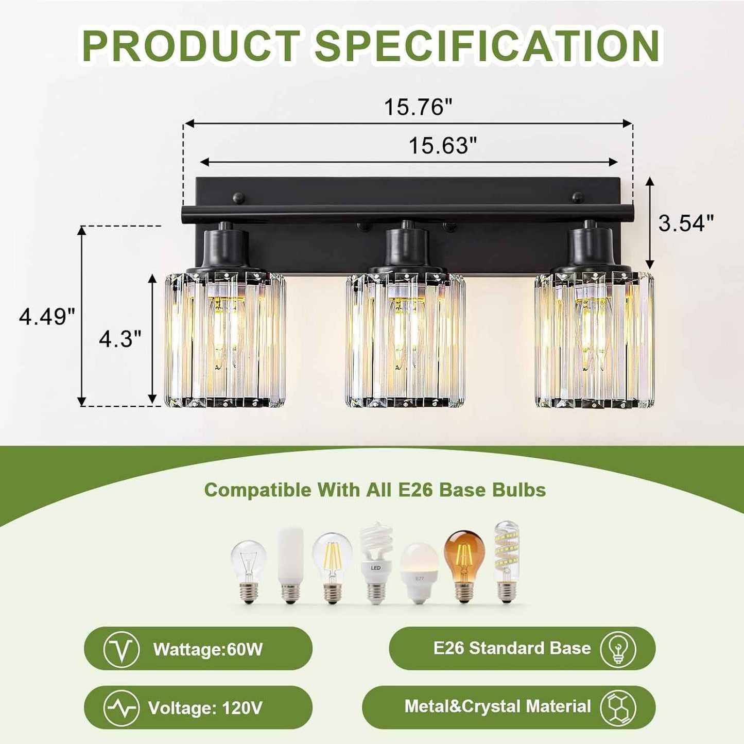 Modern 3-Light Crystal Vanity Light Fixture for Bathroom & Bedroom - Black Finish
