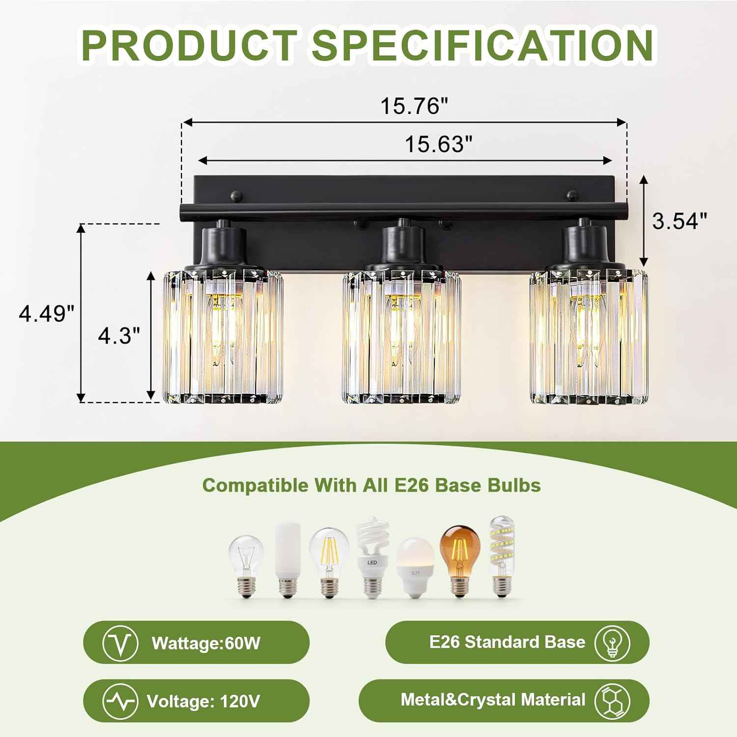Modern 3-Light Crystal Vanity Light Fixture for Bathroom & Bedroom - Black Finish