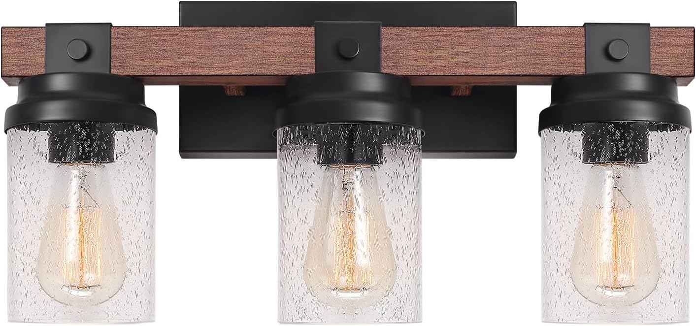 Farmhouse 2-Light Vanity Lights for Bathroom - Rustic Black Wood & Glass Sconces