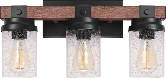 Farmhouse 2-Light Vanity Lights for Bathroom - Rustic Black Wood & Glass Sconces