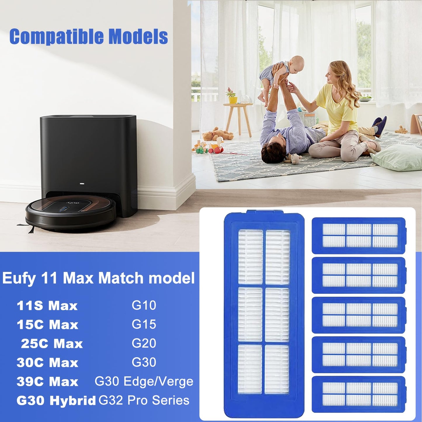 Detetap 6 Pcs Replacement HEPA Filters for Eufy 11S Max 15C Max, 30C Max,39C Max,G30 Edge, G30 Hybrid Vacuum Cleaner Spare Filters Sets, Blue