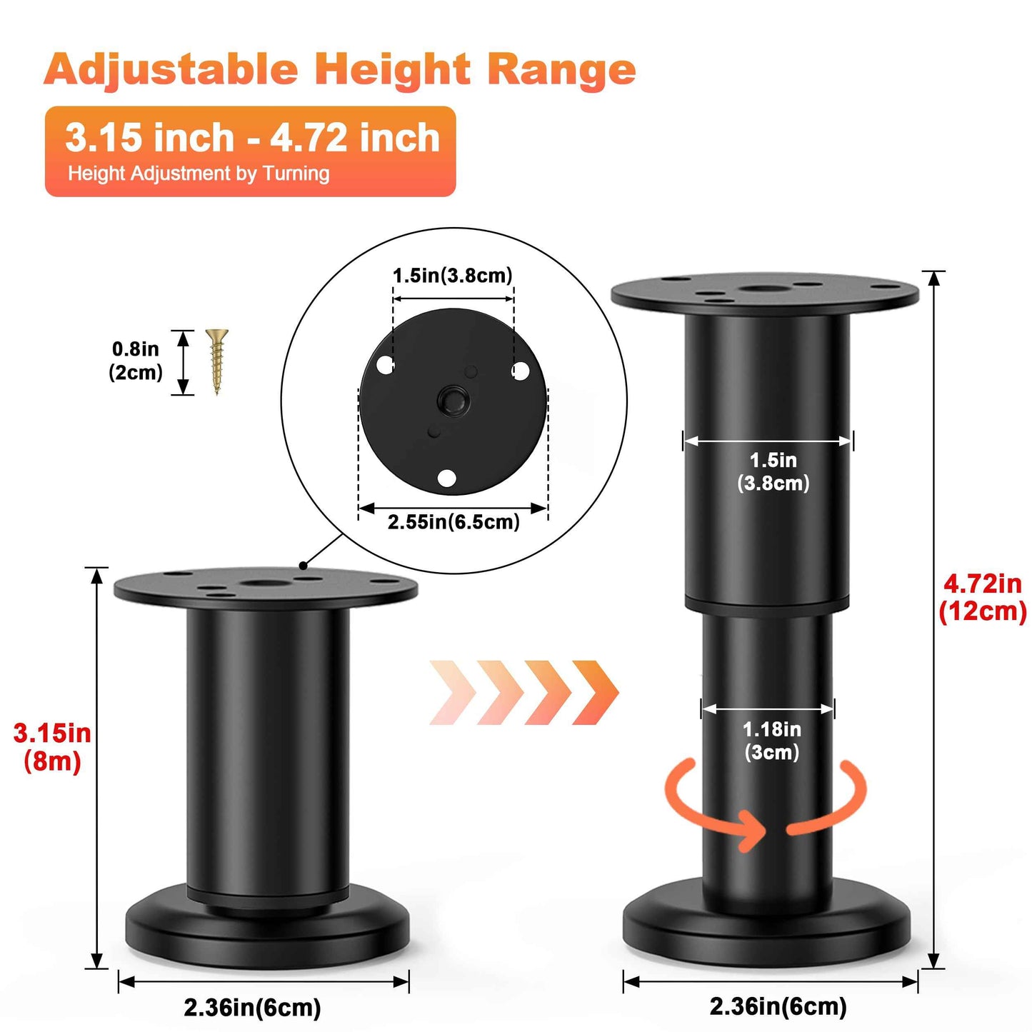 Wlrrcwdttc 4 Pcs Metal Adjustable Furniture Legs 3.15-4.72 inch, Adjustable Cabinet Legs for Sofa/Bed/Chair/Couch/Dresser/Table,Heavy Duty Bed Replacement Support Legs for Bed Frame/Bed Center Slat