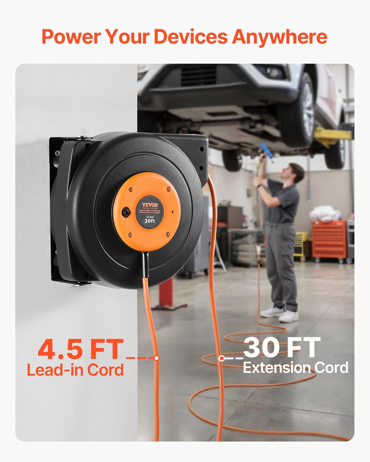 30 FT Retractable Extension Cord Reel - Heavy Duty 16AWG with Lighted Triple Tap Outlet & Circuit Breaker for Garage/Shop