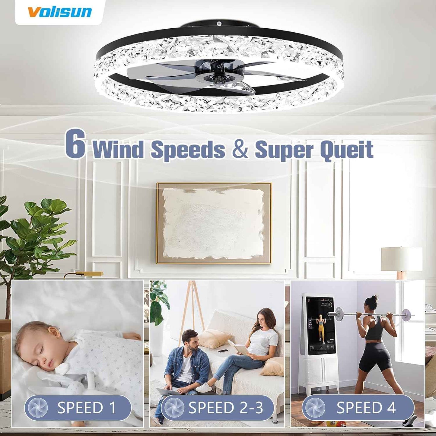 Modern Bladeless Ceiling Fan with Light & Remote - 15.7in Low Profile Fandelier, Dimmable 3000K-6500K for Bedroom