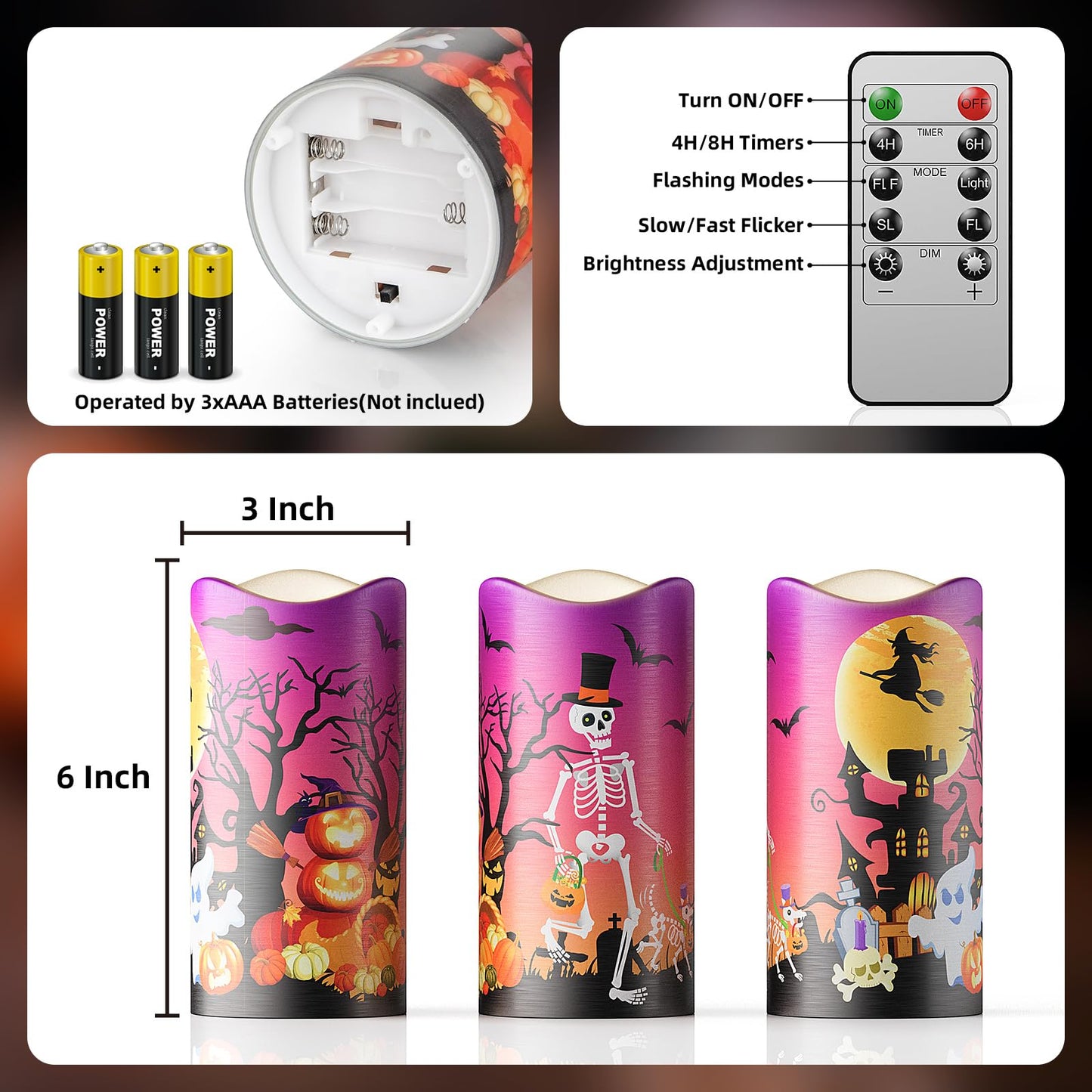 Halloween Flameless LED Candles, Orange Warm Light Halloween Candles, Battery Operated Candles, Candles with Remote Timers for Halloween Decoration, 3 x 6 Inch, Set of 3