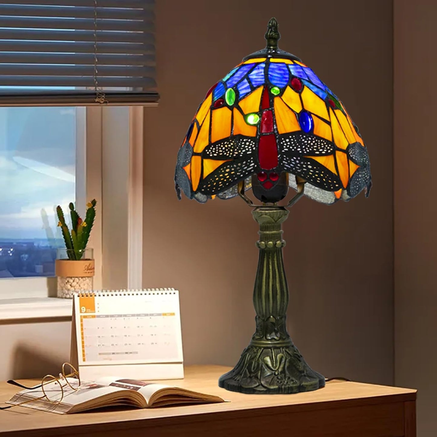 Tiffany Table Lamp - 8 Inch Antique Stained Glass, 3 Color Temperatures, Handcrafted for Bedroom & Living Room