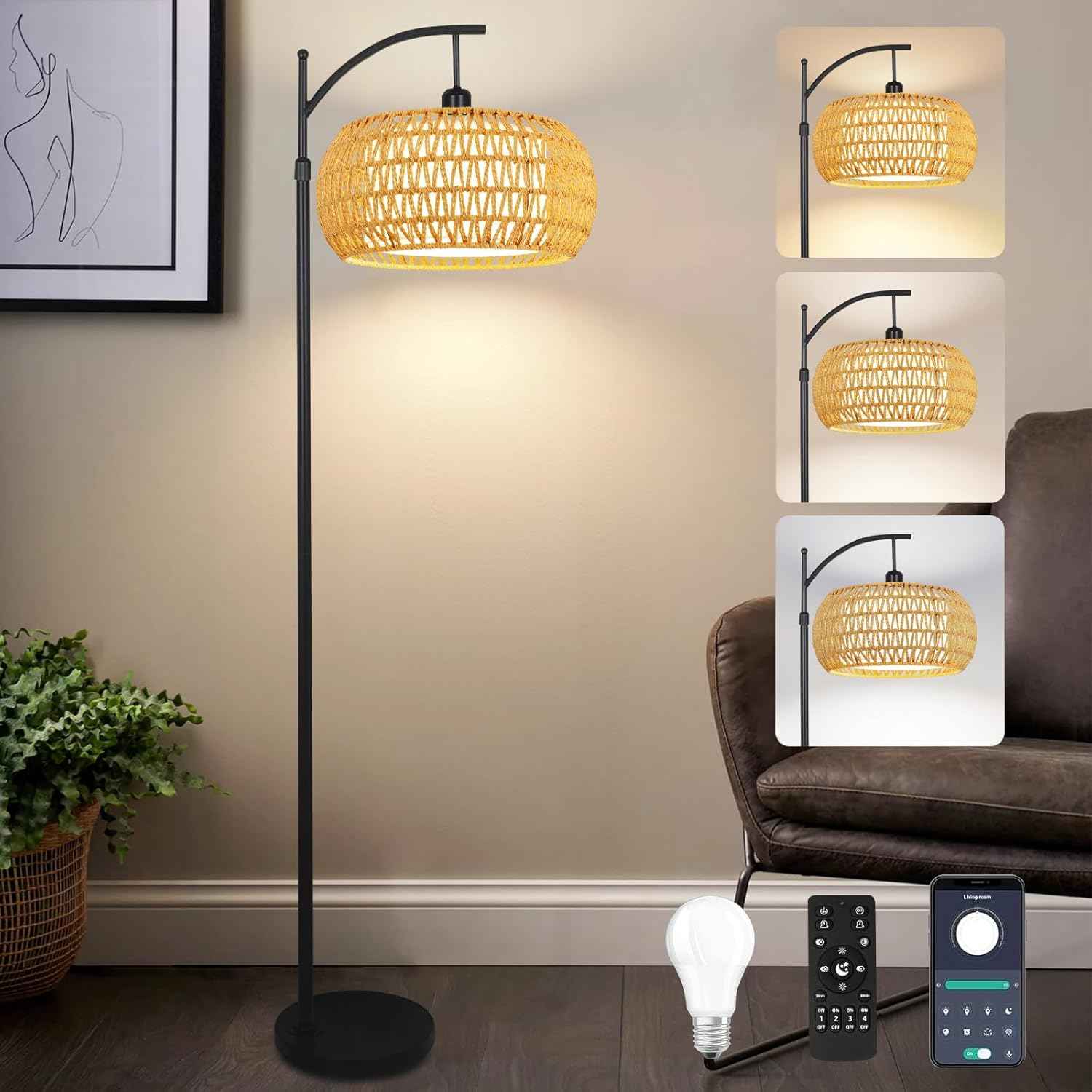Boho Gold Floor Lamp with Remote Control | Dimmable Rattan & Wicker Design for Living Room
