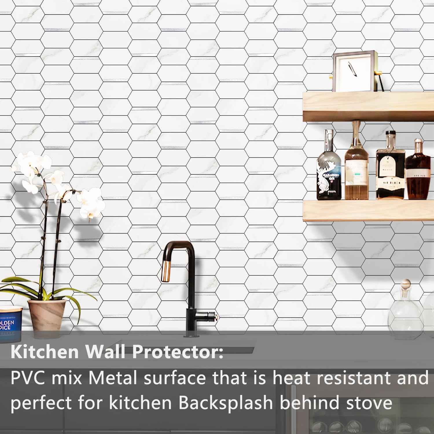 Glossy Wood Grain Peel and Stick Backsplash Tile - 10 Sheets Hexagon Mosaic for Kitchen & Bathroom, 12.4 x 12 Inch