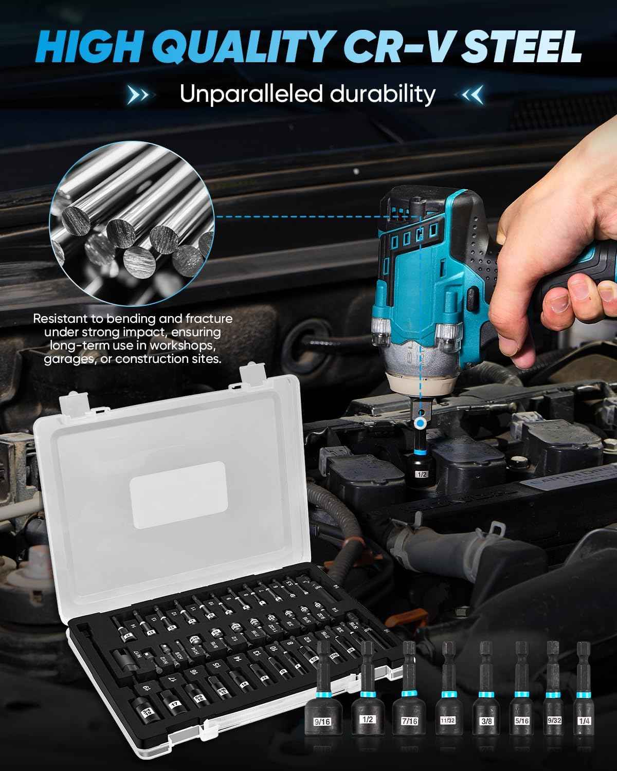 38-Piece Magnetic Nut Driver Set - Impact Socket Adapters & Extensions, Wing Nut & Spark Plug Drivers, Universal Hex Adapter - Stainless Steel
