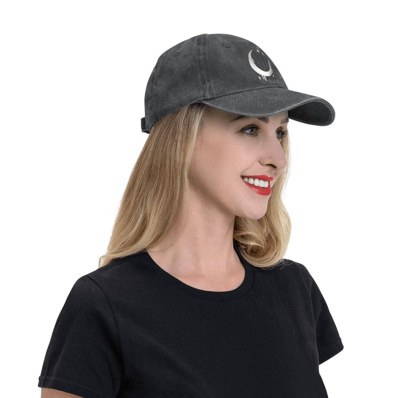 ANSGSD Goth Crescent Moon Hat, Adjustable Embroidered Washed Baseball Cap for Men Women