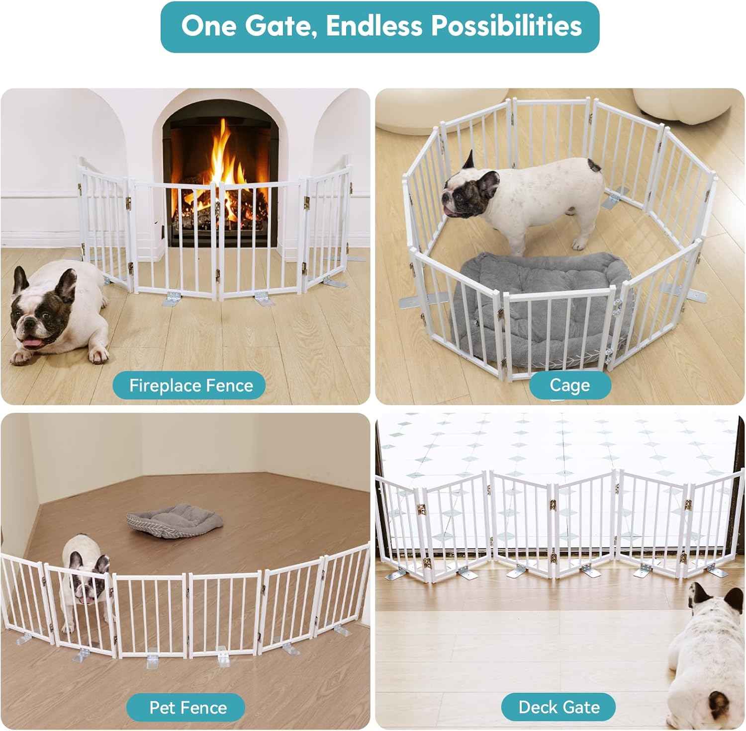 Free Standing Short Dog Gate - 16.5'' Tall Foldable Puppy Fence for Indoor/Outdoor Use, Extra Wide 48'' for Stairs & Doorways (White, 4 Panels)