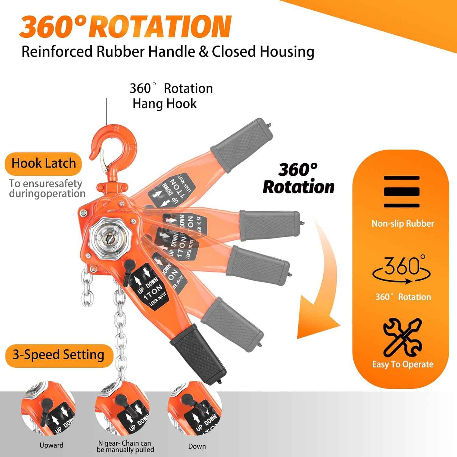 1 Ton Lever Chain Hoist - 10FT Manual Ratchet Puller with 2 Hooks for Garage & Warehouse
