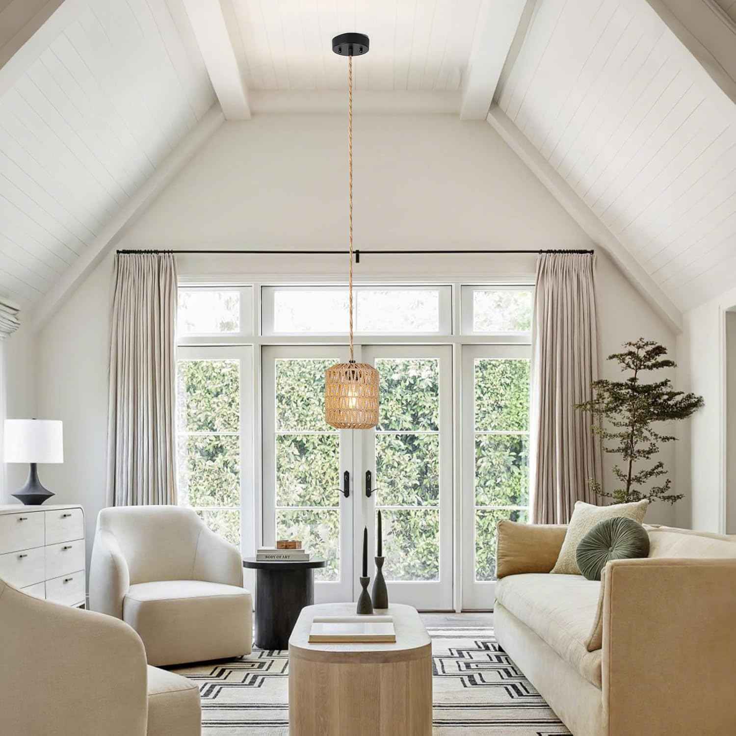 Boho Rattan Pendant Light with 3 Bulbs & 22ft Cord - Woven Hanging Chandelier for Bedroom, Kitchen, Hallway