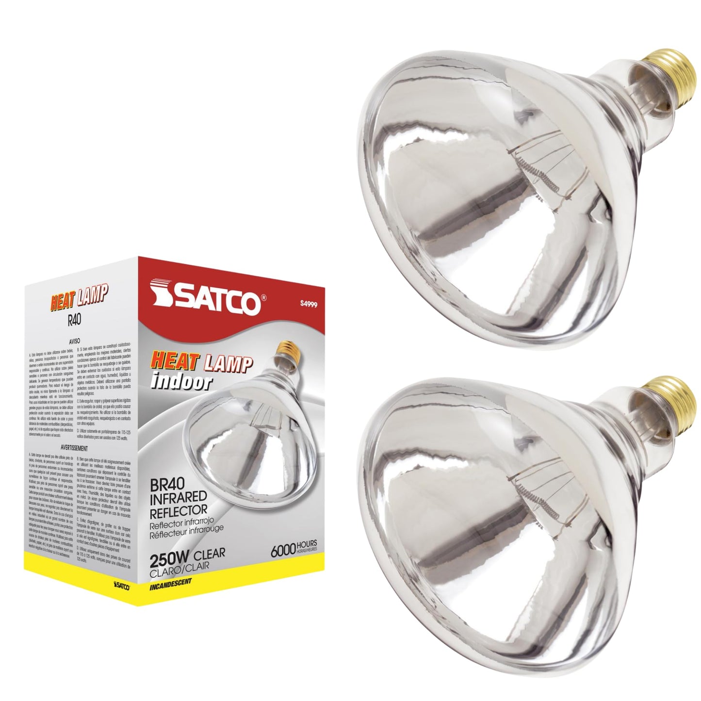 Satco S4999-250 Watt BR40 Heat Lamp Bulb – Clear Finish, Incandescent Reflector, Medium E26 Base, 2700K Warm White, 120V, Dimmable, 6000 Hour Life – CSAus Listed (2 Pack)