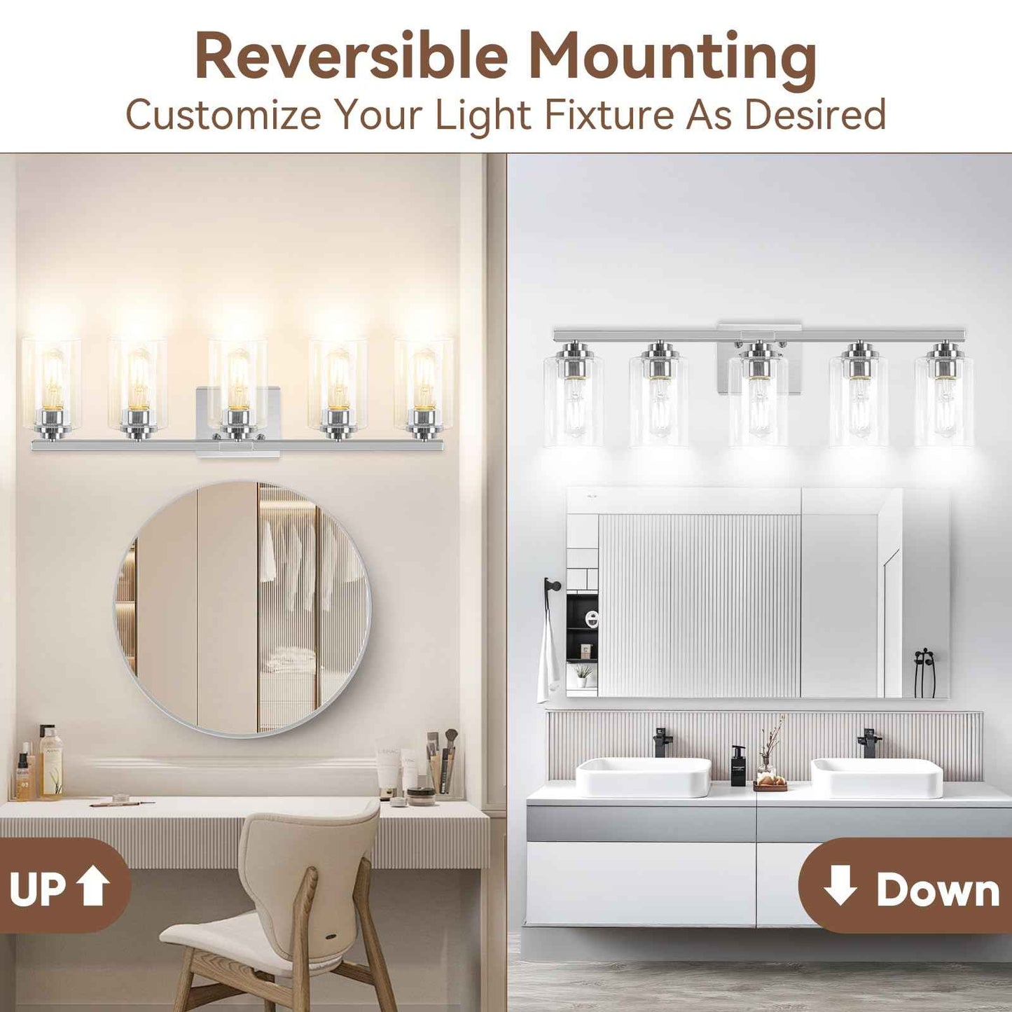 5-Light Bathroom Light Fixtures, 31" Modern Vanity Lights Over Mirror with Clear Glass Shades, Brushed Nickel Light Fixture, Classic Wall Light Fixture for Mirror Living Room Cabinet Bedroom Porch