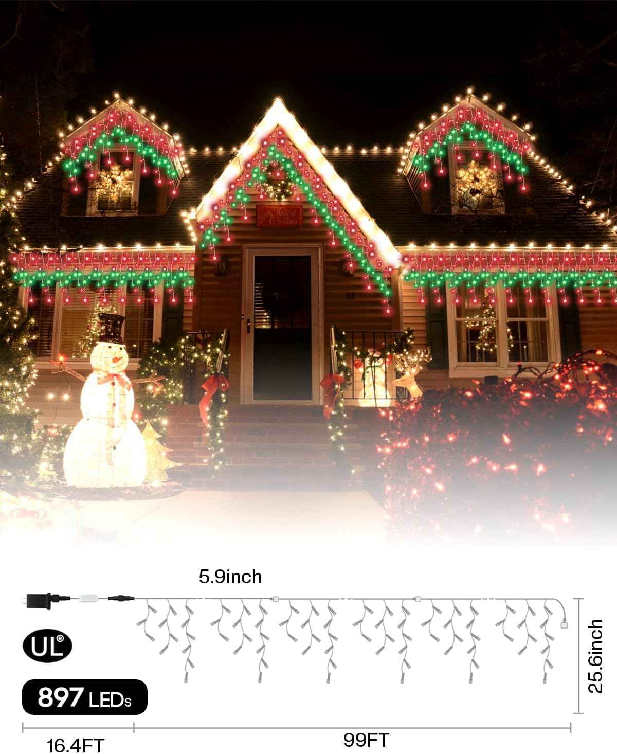 33FT Smart RGB Icicle Lights with 299 LED Drops - App & Remote Control, Music Sync Waterproof Christmas String Lights for Patio & Party Decor