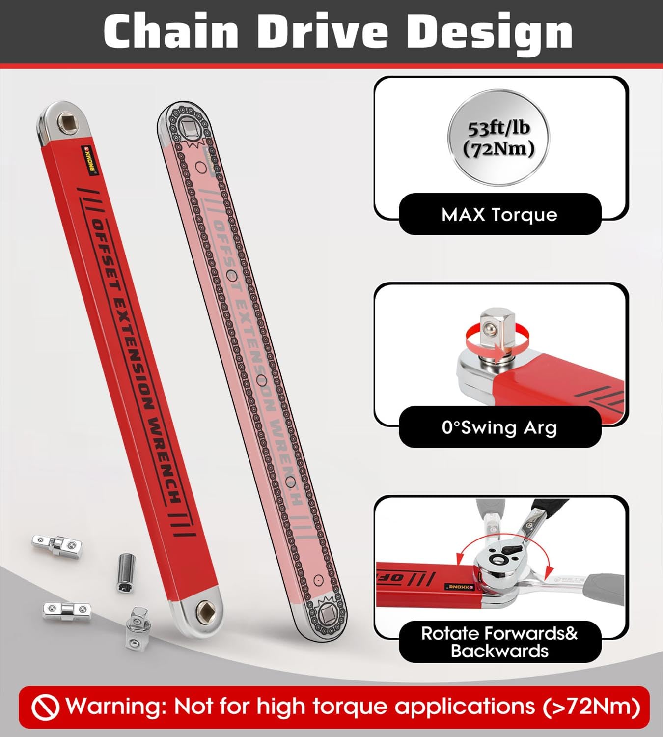 XKONE Offset Extension Wrench Set,15.4" Wrench with 1/4",3/8",1/2" Square Drive Adapters and 1/4" Socket forTight Spaces.