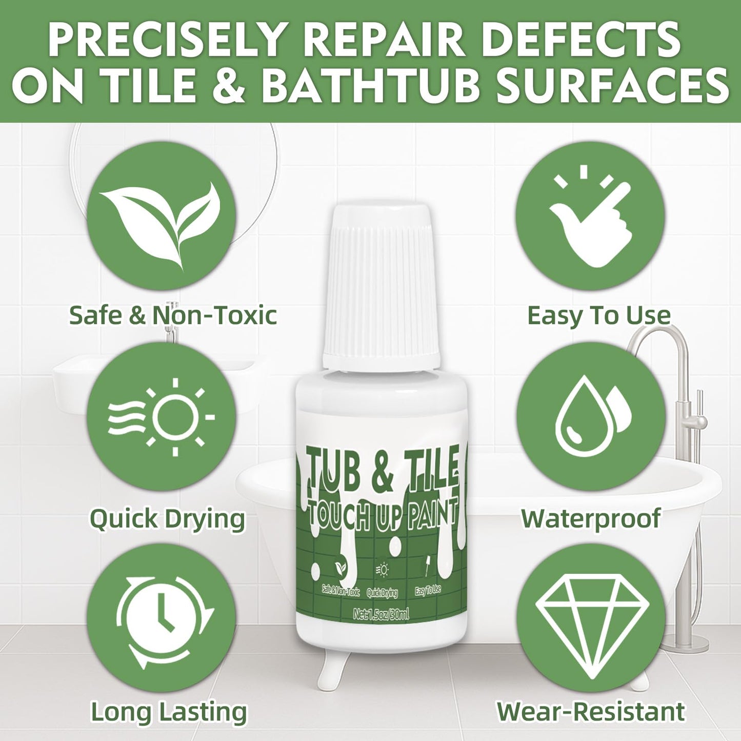 AstraVox White Tub and Tile Paint, 1.5 Oz Bathtub Touch Up Paint Pen for Countertops, Porcelain, Sink, Ceramic Tile, Strong Adhesion & Waterproof & Quick Dry, for Repairing Scratches, Spots and Chips