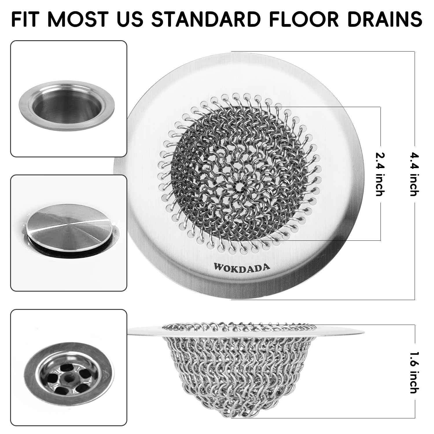 2 Pack Wokdada Bathtub Drain Hair Catcher, Wokdada Fast Drainage Shower Drain Hair Catcher, Reversible 304 Stainless Steel Drain Protector for Pop-Up and Regular Drains of Bathroom(Patented Product)