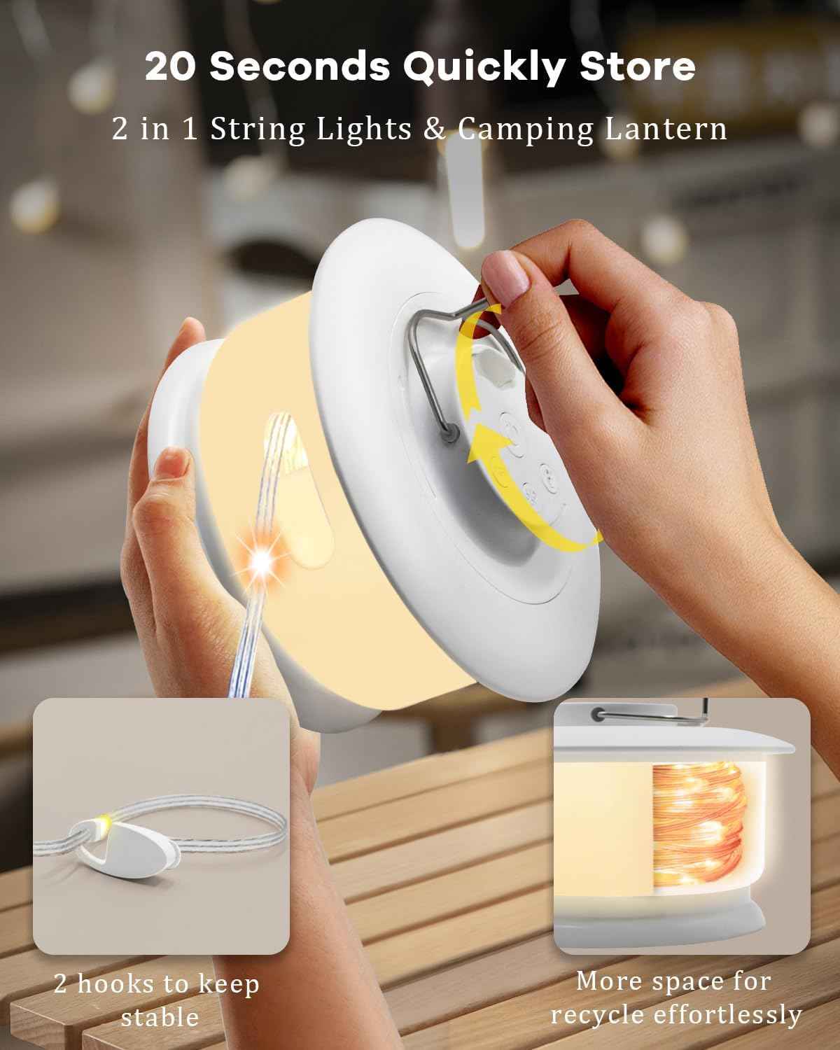 Camping String Lights 33FT, 4 in 1 RGB Retractable Camping Lights with 19 Lighting Modes,Quick 20s Storage,Waterproof,Portable Camping Lantern,Rechargeable Tent Lights for Garden Party Christmas Decor