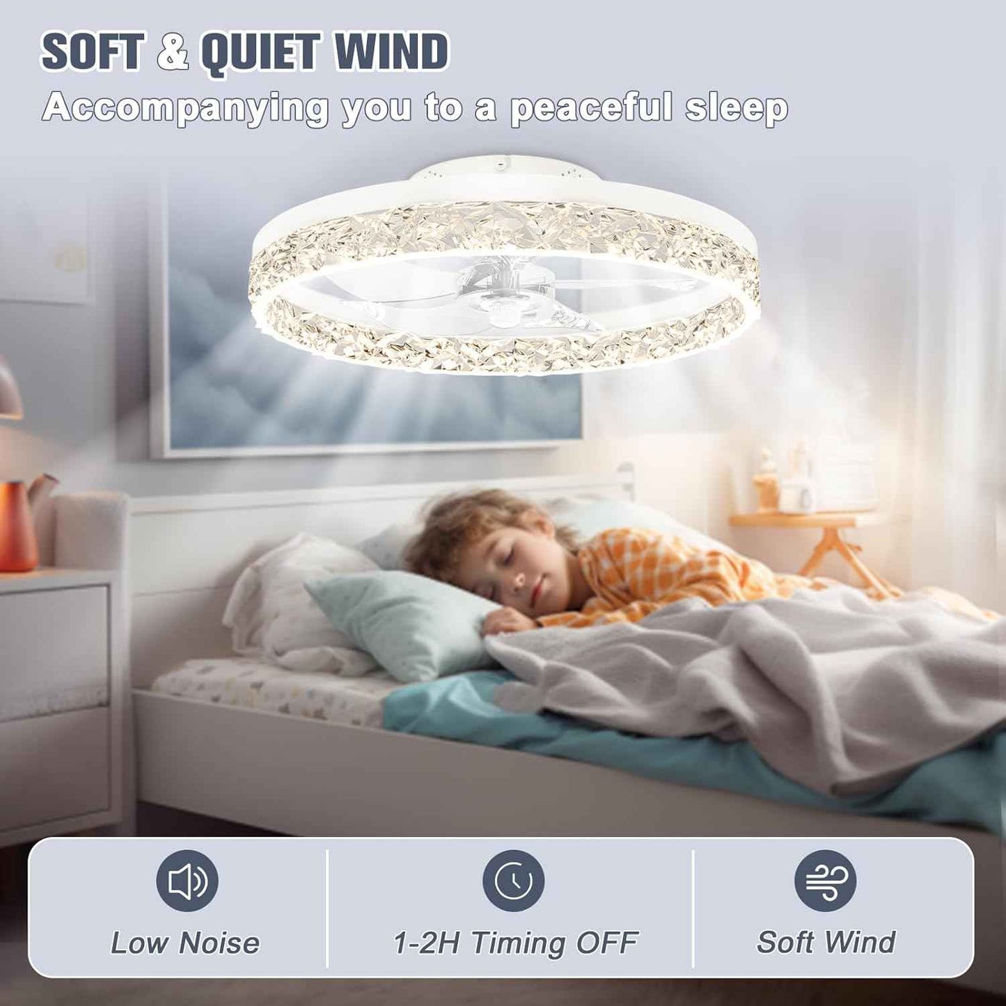 Modern Bladeless Ceiling Fan with Light & Remote - 15.7in Low Profile Fandelier, Dimmable 3000K-6500K for Bedroom