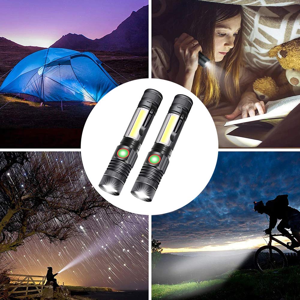 iToncs LED Rechargeable, Super Bright Magnetic Flashlight with COB Work Light, Waterproof, 4 Modes, Pocket Tactical Flashlights for Outdoor Camping Emergency 2 Packs