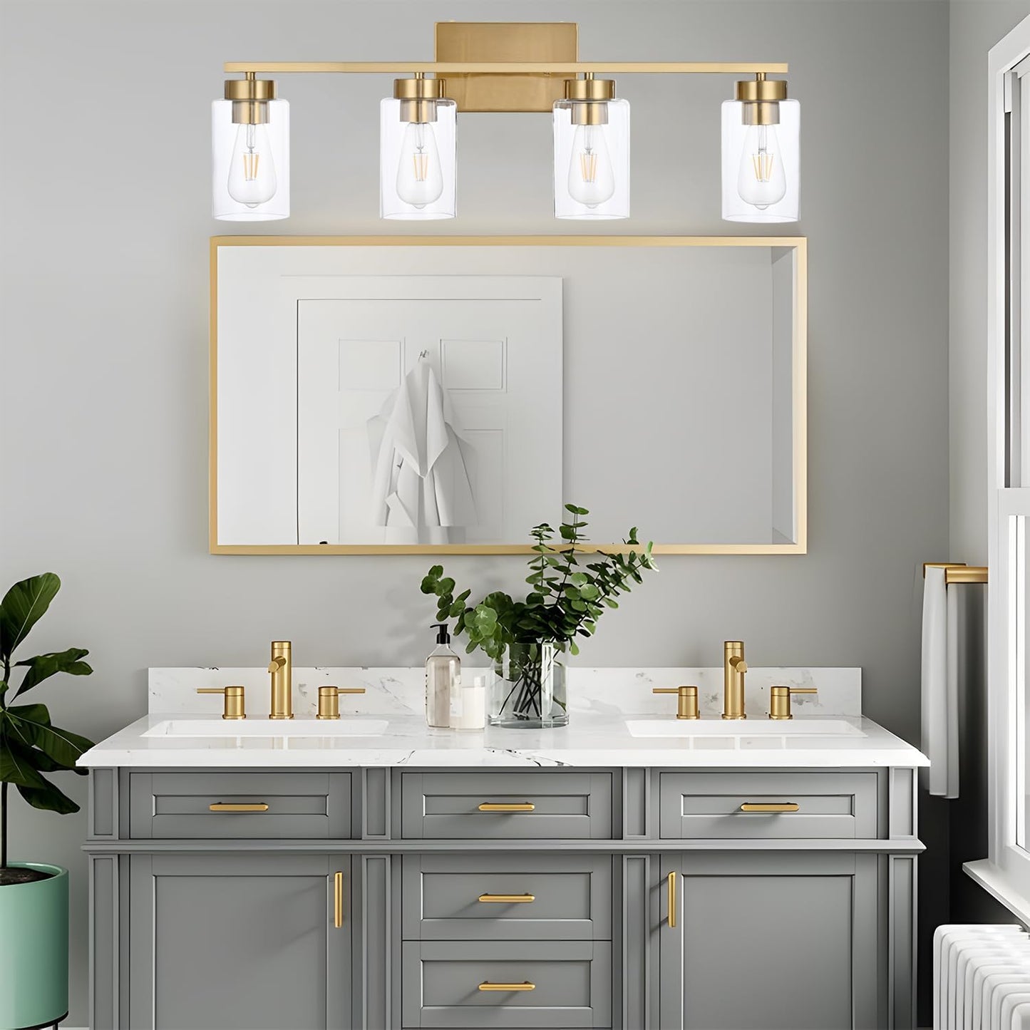 Modern 3-Light Bathroom Vanity Light in Brushed Gold with Clear Glass Shades