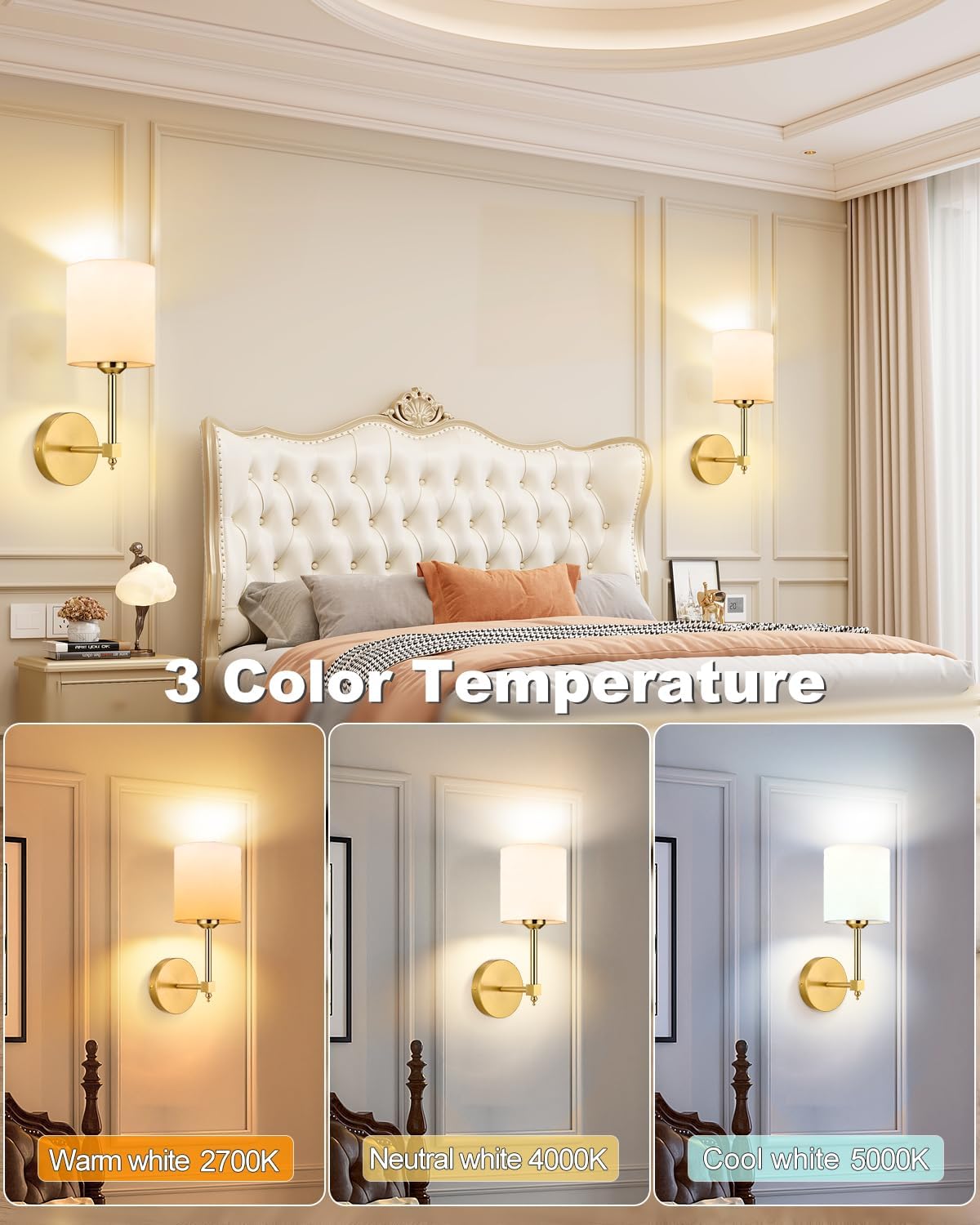 Rechargeable Black Wall Sconce Set of 2 - 5CCT Wireless Dimmable Lights with Remote for Bedroom & Living Room