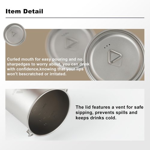 THTYBROS Titanium 750ml Pot with Titanium Spork, Ourdoor Solo Camping Mug, Hanging Cup Spork Kits