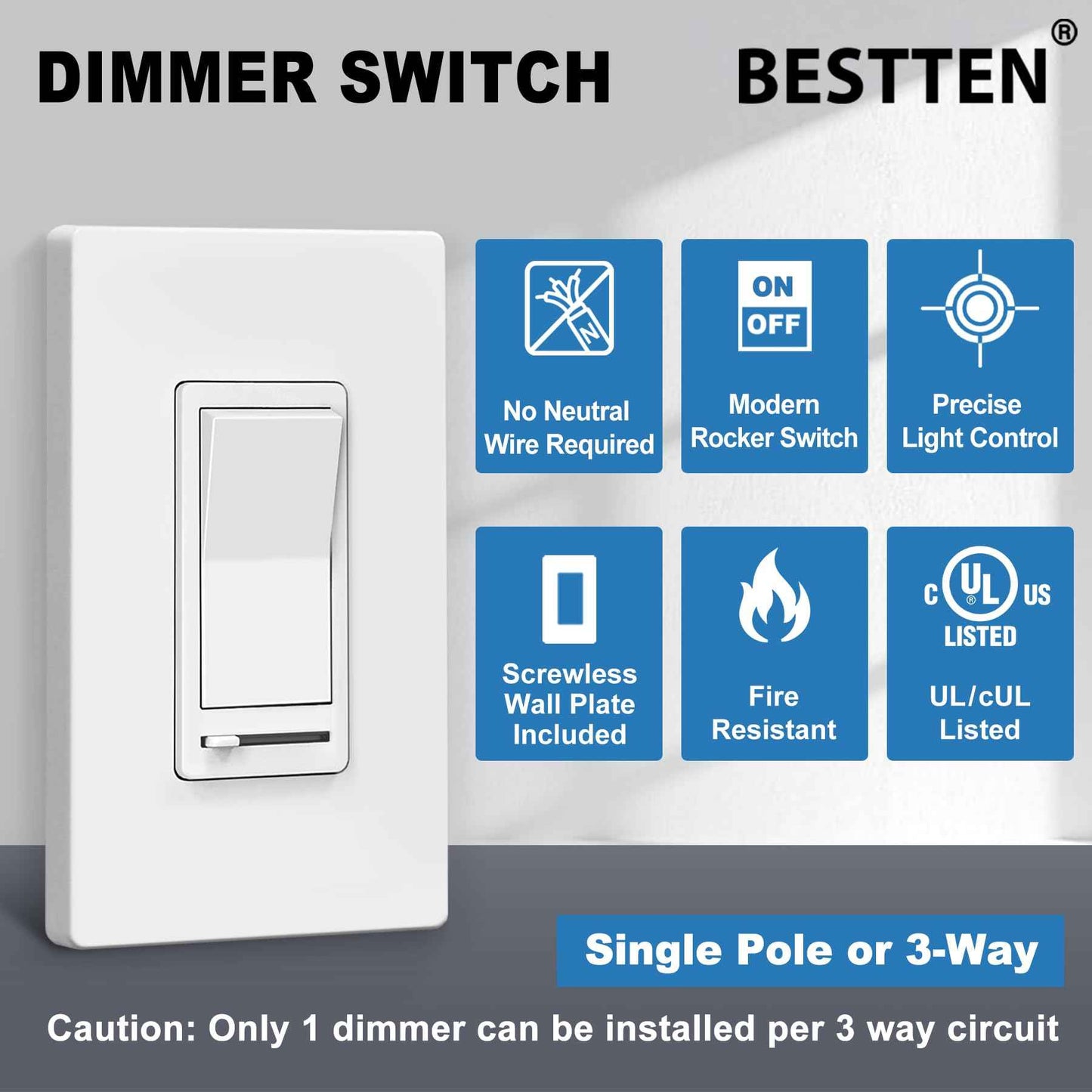 BESTTEN 10 Pack Dimmer Light Switch, for LED Dimmable Lamp, CFL, Incandescent, Halogen Bulb, Single Pole or 3-Way LED Slide Dimmer Switches, Screwless Wall Plate Included, UL Listed, White