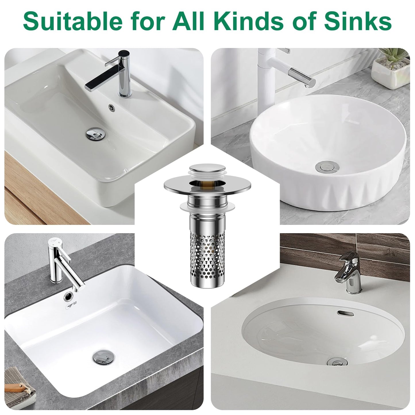 Bathroom Sink Drain Strainer,Universal Pop-Up Sink Stopper Hair Catcher, Anti-Clog Stainless Steel Drain Filter Basket, Removable Sink Drain for Bathroom Sink Stopper Replacement