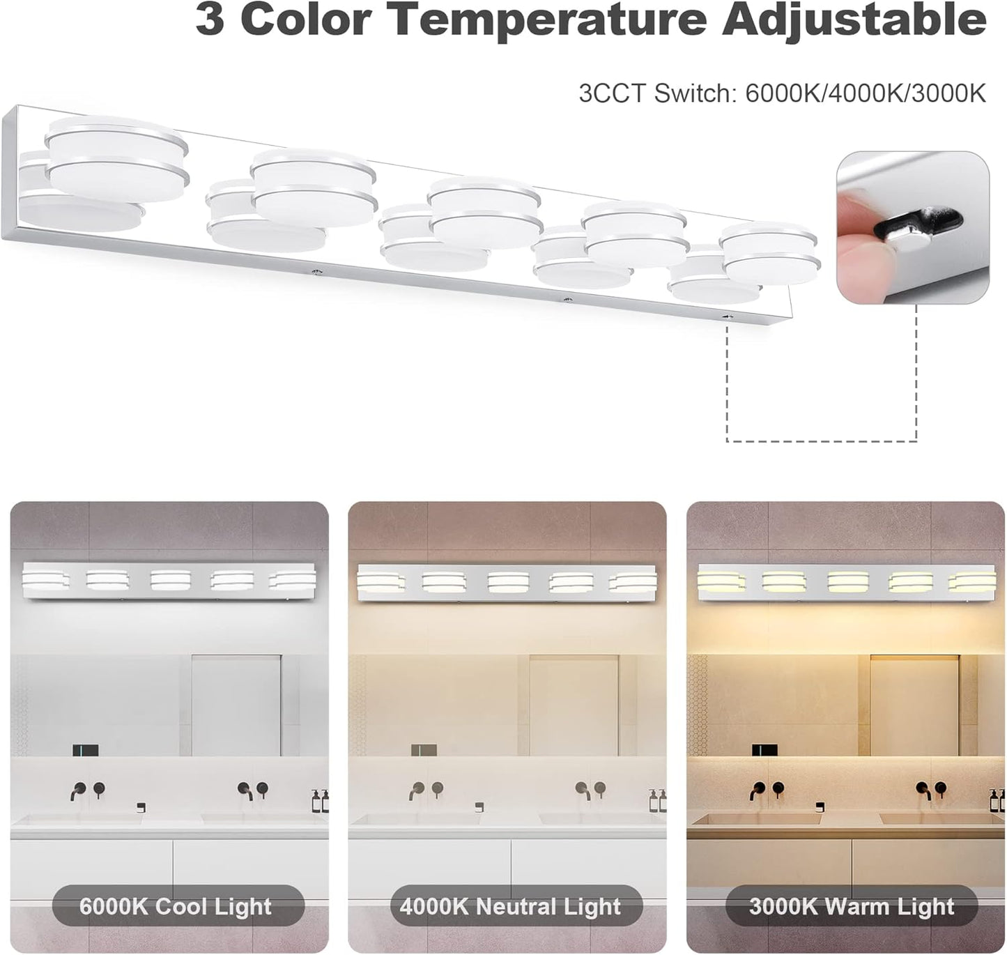 LED Chrome 3-Light Dimmable Bathroom Vanity Light Fixture - Modern Acrylic & Stainless Steel Over Mirror Lighting
